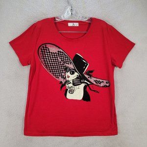Red Glamourous Fashionista Large Sun Hat Rhinestone Glam Casual Tee Shirt Top
